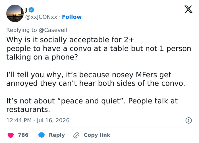 A tweet questioning social acceptability of conversations in public spaces, highlighting the entitlement issue. A tweet questioning social acceptability of conversations in public spaces, highlighting the entitlement issue.