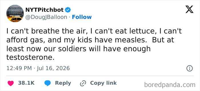A July 2026 tweet by NYTPitchbot about current problems. This funny tweet defines July on the internet.