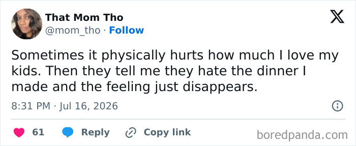 A funny meme about raising kids, showing a tweet from a parent whose love for her kids disappears when they dislike dinner.