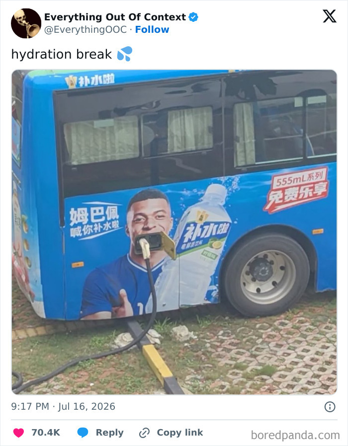 A World Cup 2026 meme with Kylian Mbappé on a bus advertisement, appearing to charge from a power outlet.