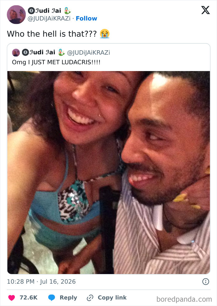 A tweet from Judi Jai featuring a photo of herself smiling with Ludacris, a funny tweet from July.