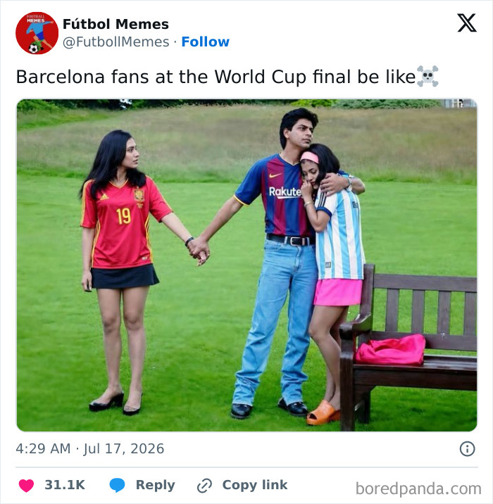 World Cup 2026 final meme: Barcelona fans' reaction, a sad woman in Argentina jersey, another in Spain jersey.
