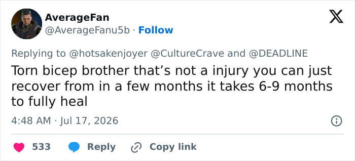 Tweet discussing a torn bicep injury recovery time for a lead actor after a showbiz accident. Tweet discussing a torn bicep injury recovery time for a lead actor after a showbiz accident.