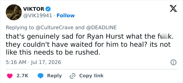 A social media post about lead actor Ryan Hurst facing brutal showbiz reality after an Amazon drop due to an on-set accident. A social media post about lead actor Ryan Hurst facing brutal showbiz reality after an Amazon drop due to an on-set accident.