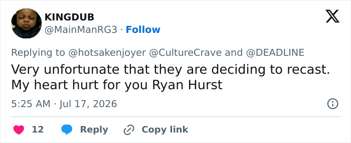 A tweet by KINGDUB expresses disappointment over Amazon dropping a lead actor from a major series after an on-set accident. A tweet by KINGDUB expresses disappointment over Amazon dropping a lead actor from a major series after an on-set accident.
