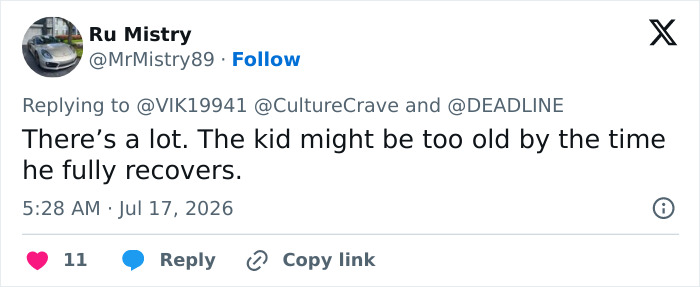 A social media post about the lead actor's recovery time affecting the child actor in a major series. A social media post about the lead actor's recovery time affecting the child actor in a major series.