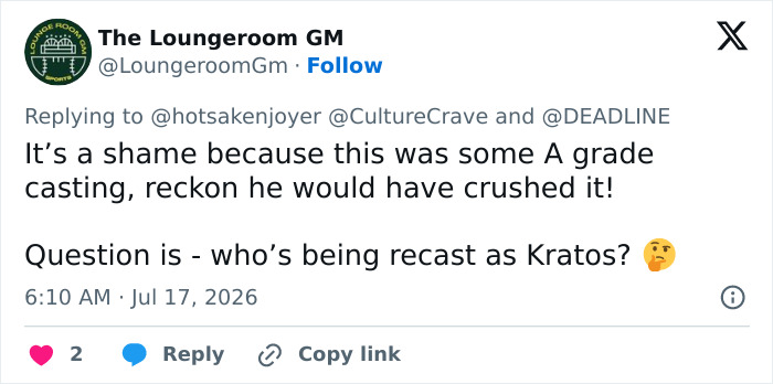 A tweet by The Loungeroom GM discusses the shame of Amazon dropping a lead actor and questions who will be recast as Kratos. A tweet by The Loungeroom GM discusses the shame of Amazon dropping a lead actor and questions who will be recast as Kratos.