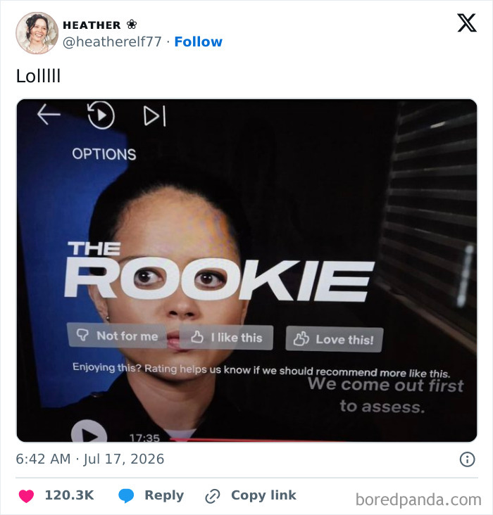 Funny tweets from July showing a close-up of a face on a TV screen with The Rookie title.