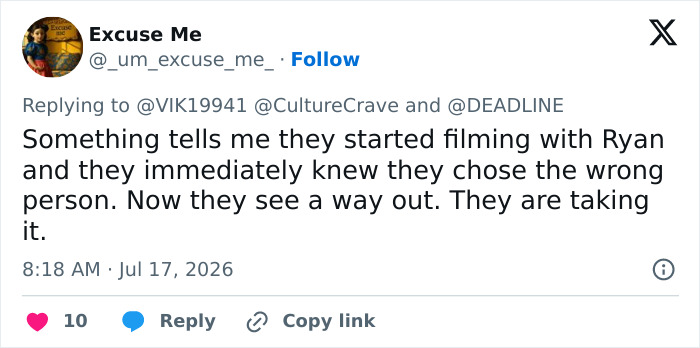 Tweet suggesting Amazon dropped the lead actor from the major series due to performance, using the accident as an excuse. Tweet suggesting Amazon dropped the lead actor from the major series due to performance, using the accident as an excuse.