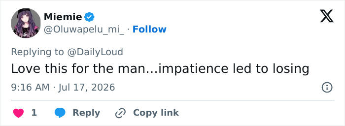 Screenshot of a tweet by Miemie, commenting Love this for the man... impatience led to losing in child support court. Screenshot of a tweet by Miemie, commenting Love this for the man... impatience led to losing in child support court.