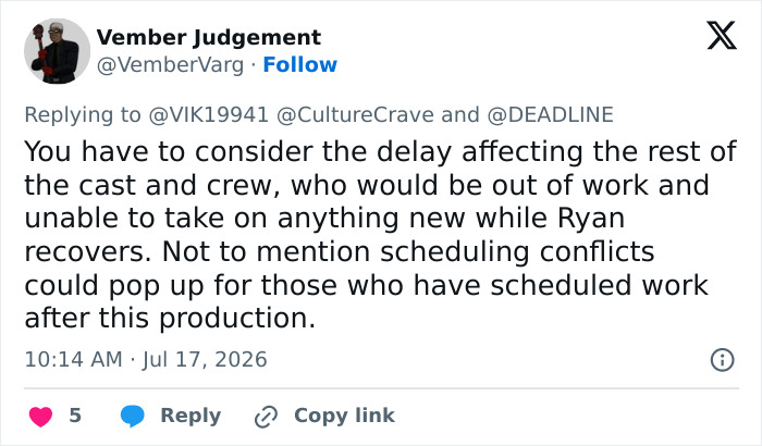 A social media post discussing production delays affecting cast and crew after a lead actor's on-set accident. A social media post discussing production delays affecting cast and crew after a lead actor's on-set accident.