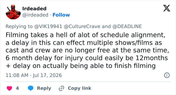 Tweet discussing filming delays due to lead actor's on-set accident. Tweet discussing filming delays due to lead actor's on-set accident.