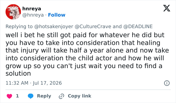 A social media post discussing the implications of a lead actor's injury and the need for solutions. A social media post discussing the implications of a lead actor's injury and the need for solutions.