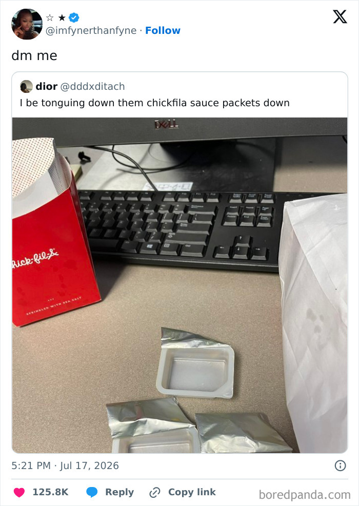 Funny July tweets show a Chick-fil-A sauce packet with a keyboard in the background.