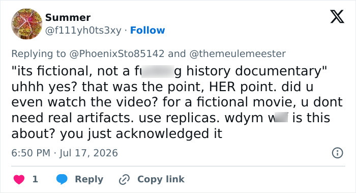 A tweet by Summer discussing the controversy around Zendaya wearing 3000-year-old earrings for a fictional movie. A tweet by Summer discussing the controversy around Zendaya wearing 3000-year-old earrings for a fictional movie.