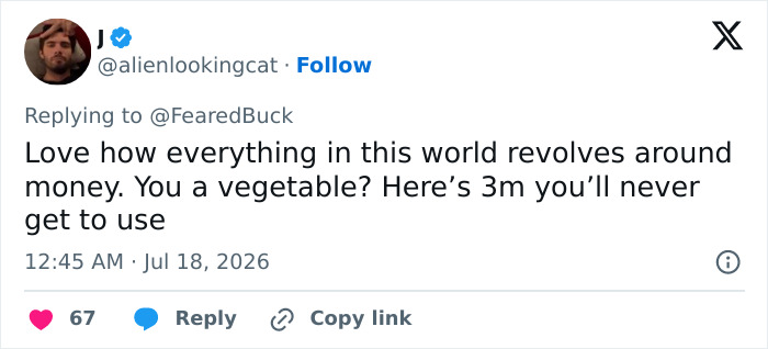 A social media post questioning the enjoyment of a $3M payout when permanently disabled. A social media post questioning the enjoyment of a $3M payout when permanently disabled.