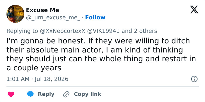 Tweet expressing opinion about lead actor, show, and on-set accident. Tweet expressing opinion about lead actor, show, and on-set accident.