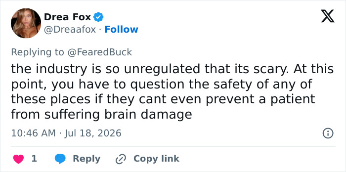 Screenshot of a tweet by Drea Fox discussing industry regulation and patient safety after an adult star's payout. Screenshot of a tweet by Drea Fox discussing industry regulation and patient safety after an adult star's payout.