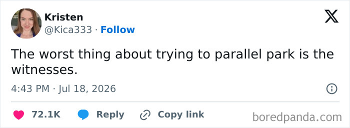 Funny July tweets about the difficulty of parallel parking and the presence of witnesses.