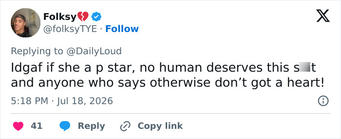 Folksy on Twitter stating, Idgaf if she a p star, no human deserves this s**t, about an adult star's $3M payout. Folksy on Twitter stating, Idgaf if she a p star, no human deserves this s**t, about an adult star's $3M payout.
