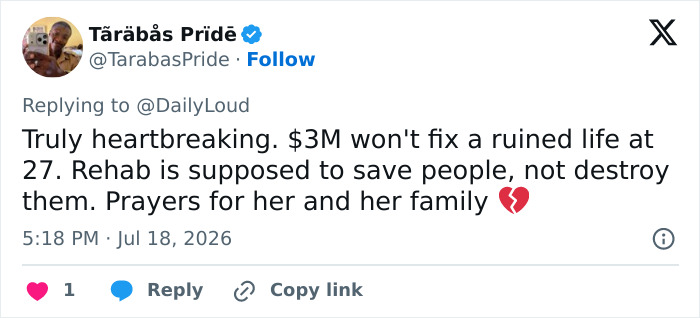 Screenshot of a tweet by TarabasPride expressing heartbreak over an adult star's $3M payout. Screenshot of a tweet by TarabasPride expressing heartbreak over an adult star's $3M payout.
