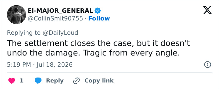 Screenshot of a tweet by EI-MAJOR_GENERAL stating that settlement closes the case for the adult star's payout. Screenshot of a tweet by EI-MAJOR_GENERAL stating that settlement closes the case for the adult star's payout.