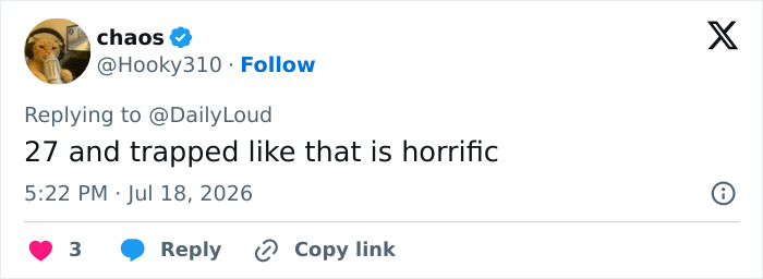 Screenshot of a tweet by 'chaos' commenting on the adult star case: 27 and trapped like that is horrific, highlighting the permanent disability. Screenshot of a tweet by 'chaos' commenting on the adult star case: 27 and trapped like that is horrific, highlighting the permanent disability.