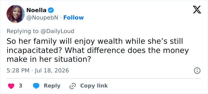 A social media post questioning the value of a $3M payout for someone permanently disabled. A social media post questioning the value of a $3M payout for someone permanently disabled.