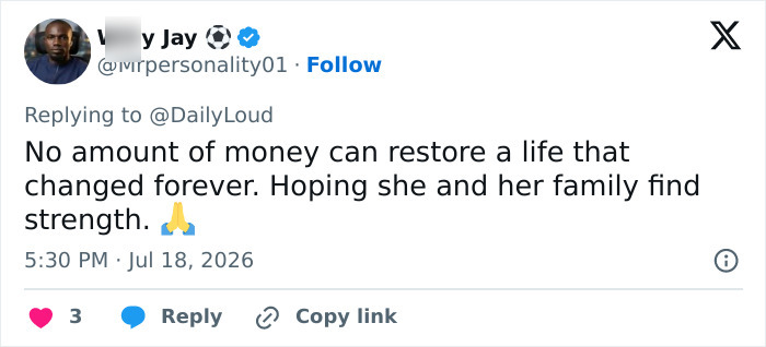 Social media comment expressing hope for the adult star and her family after she became permanently disabled and won $3M. Social media comment expressing hope for the adult star and her family after she became permanently disabled and won $3M.