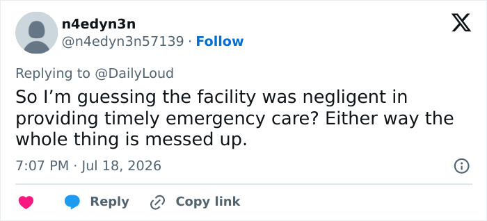 Screenshot of a social media comment discussing if the facility was negligent after the adult star became permanently disabled. Screenshot of a social media comment discussing if the facility was negligent after the adult star became permanently disabled.