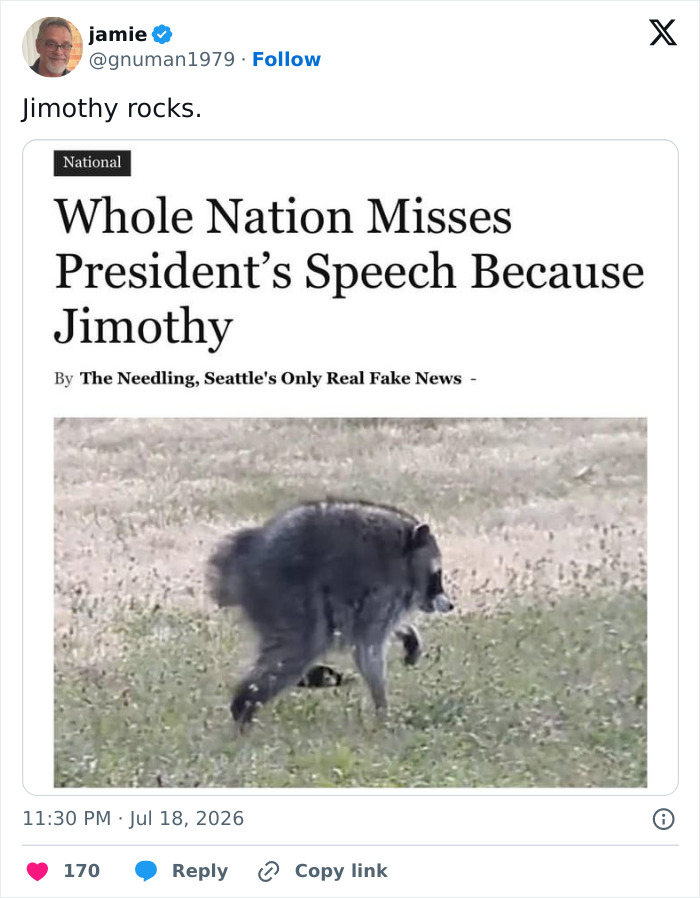 A news headline meme about the nation missing a presidential speech due to Jimothy the raccoon.