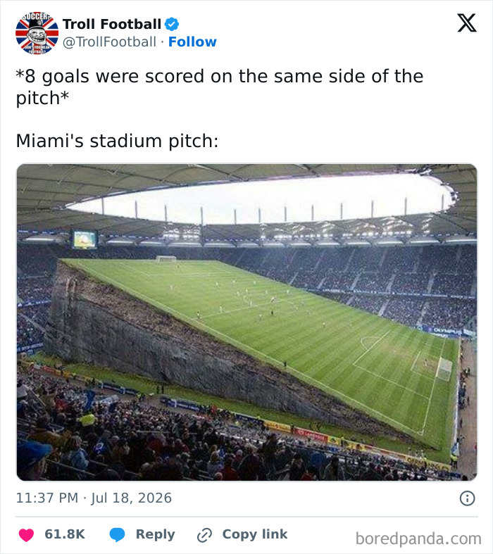 A World Cup 2026 meme depicting a surreal, steeply sloped stadium pitch, implying unusual scoring.