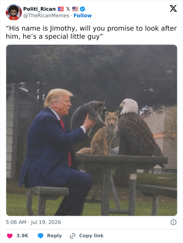 Donald Trump holding an unusually shaped raccoon named Jimothy with a fox and eagle nearby, part of the Jimothy memes.