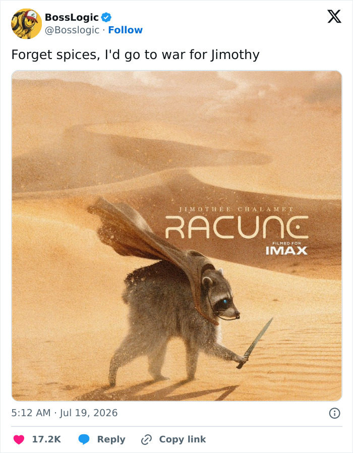 A movie poster parody featuring Jimothy the unusually shaped raccoon in a desert, dressed like a warrior, similar to Dune.
