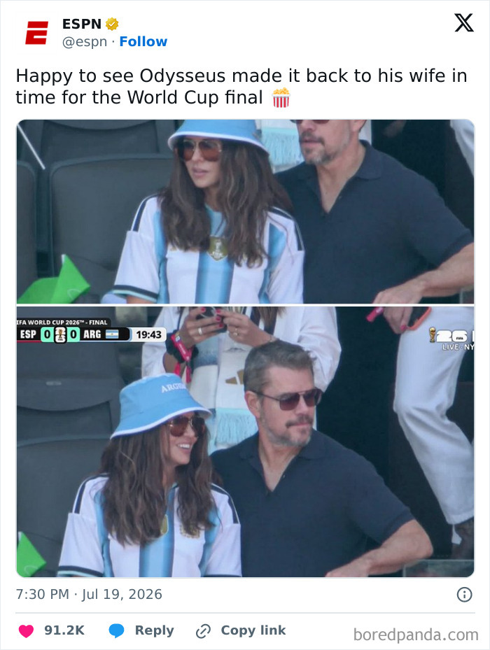 A World Cup 2026 meme features Matt Damon and his wife watching the final, celebrating his timely return.