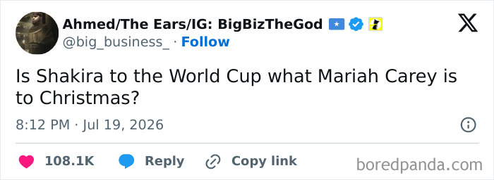 A social media post questioning Shakira's role in the World Cup 2026. This meme captures chaos from the World Cup.