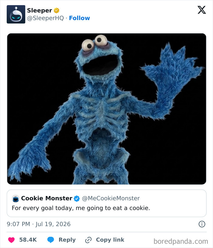 A World Cup 2026 meme showing a very thin Cookie Monster after saying he will eat a cookie for every goal.