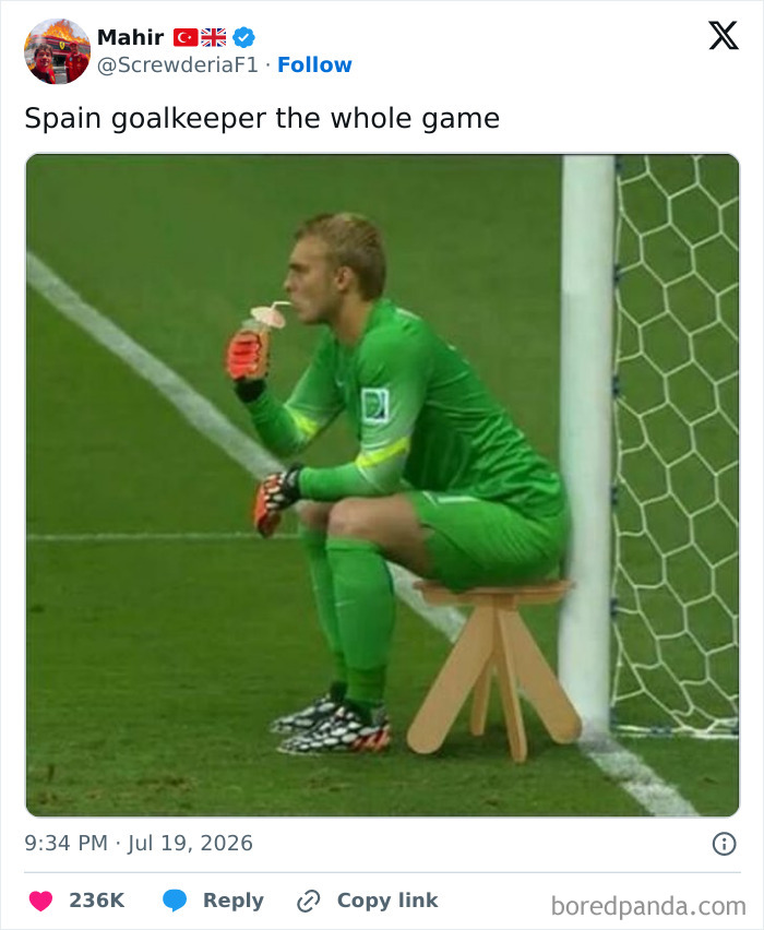 A World Cup 2026 meme showing a Spanish goalkeeper sitting on a stool and drinking during the game.