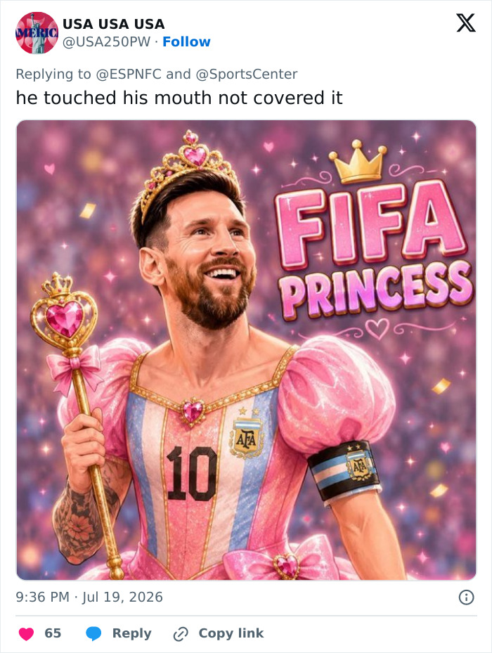 Lionel Messi in a pink dress and crown, labeled FIFA Princess, sparking fan reaction to his move during World Cup Final. Lionel Messi in a pink dress and crown, labeled FIFA Princess, sparking fan reaction to his move during World Cup Final.