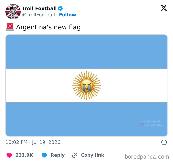 A World Cup 2026 meme depicts Argentina's flag with a crying sun emoji instead of the traditional sun.