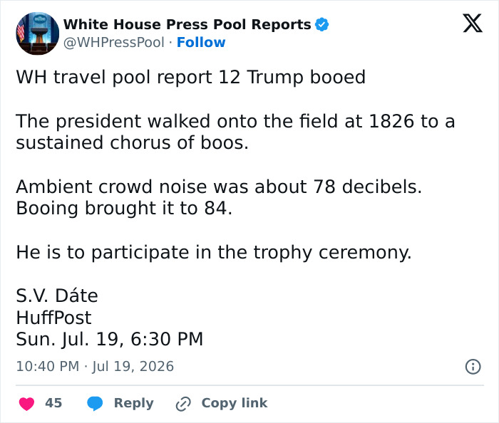 White House report detailing Donald Trump being booed at FIFA World Cup Final in New York. White House report detailing Donald Trump being booed at FIFA World Cup Final in New York.