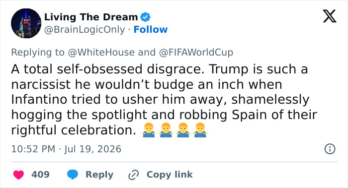 A tweet by @BrainLogicOnly criticizing Donald Trump's behavior at the FIFA World Cup Final celebration. A tweet by @BrainLogicOnly criticizing Donald Trump's behavior at the FIFA World Cup Final celebration.