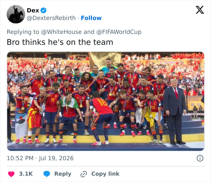 A tweet by @DextersRebirth showing Donald Trump with the winning team at the FIFA World Cup Final. A tweet by @DextersRebirth showing Donald Trump with the winning team at the FIFA World Cup Final.
