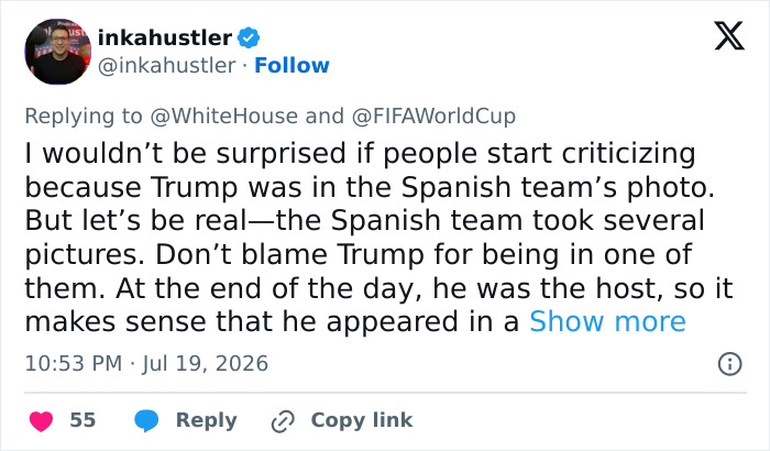 A tweet by @inkahustler discussing Donald Trump's presence at the FIFA World Cup Final. A tweet by @inkahustler discussing Donald Trump's presence at the FIFA World Cup Final.