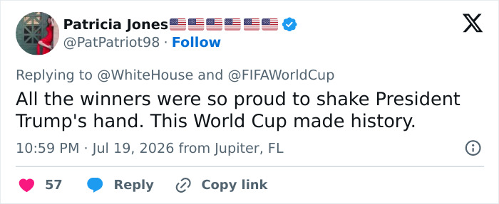 Twitter post about winners shaking Donald Trump's hand at the FIFA World Cup Final in New York. Twitter post about winners shaking Donald Trump's hand at the FIFA World Cup Final in New York.