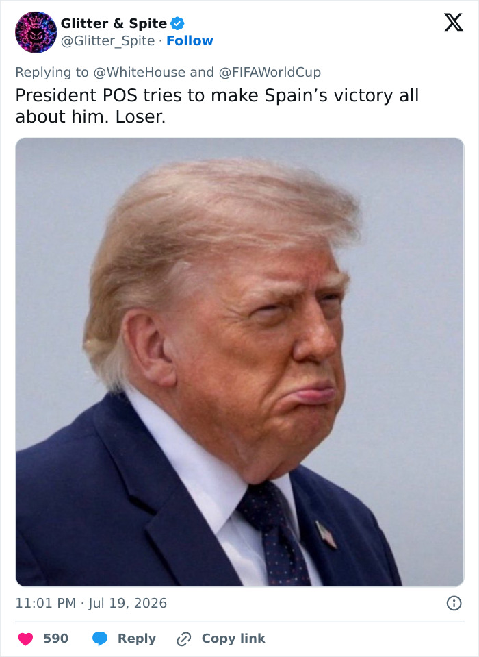 A tweet by @Glitter_Spite with an image of Donald Trump, calling him a loser at the FIFA World Cup Final. A tweet by @Glitter_Spite with an image of Donald Trump, calling him a loser at the FIFA World Cup Final.