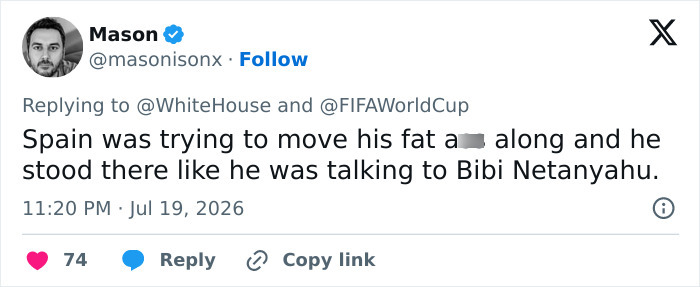 Screenshot of a tweet criticizing Donald Trump's presence at the FIFA World Cup Final. Screenshot of a tweet criticizing Donald Trump's presence at the FIFA World Cup Final.