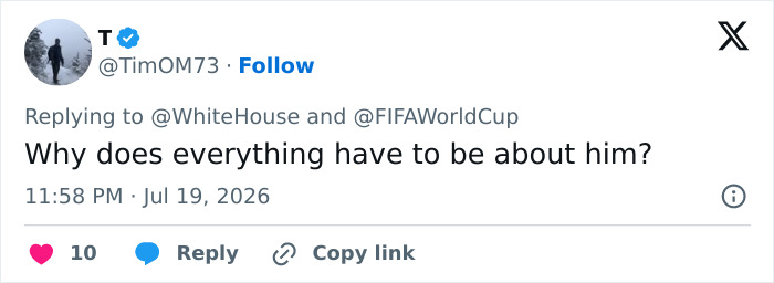 Twitter post questioning why everything is about Donald Trump at the FIFA World Cup Final. Twitter post questioning why everything is about Donald Trump at the FIFA World Cup Final.