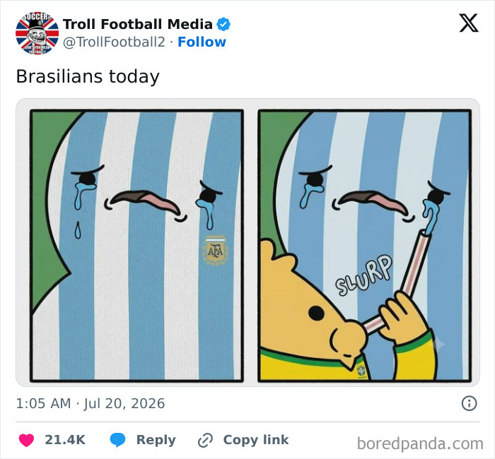 A World Cup 2026 meme depicting crying cartoon figures in Argentinian and Brazilian jerseys.