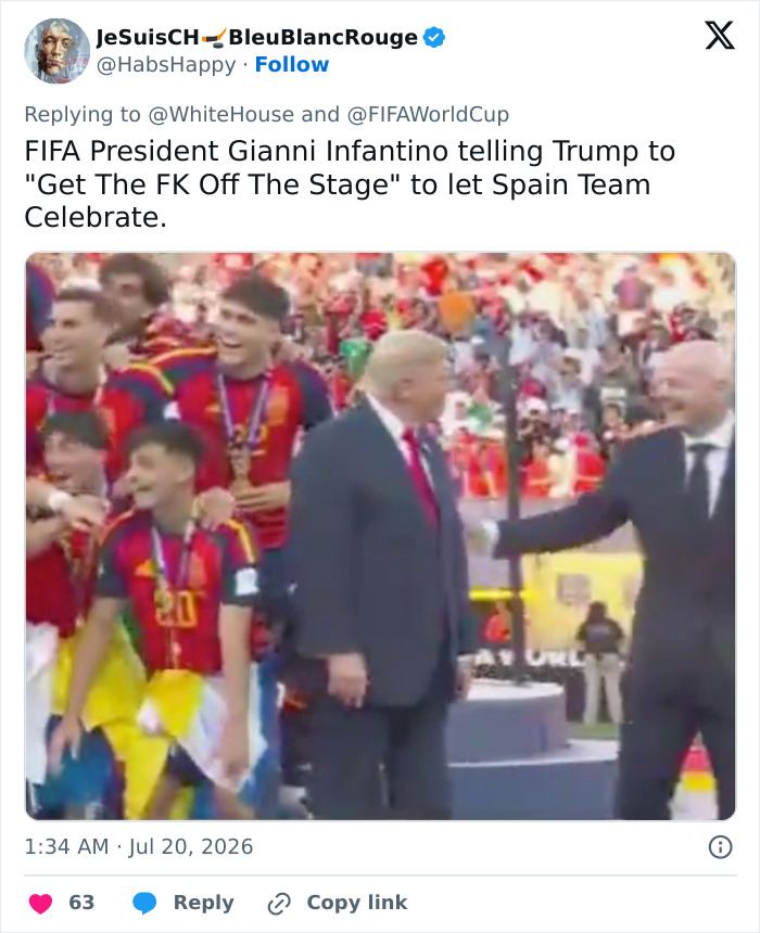 Donald Trump being booed at FIFA World Cup Final in New York while on stage with the Spanish team. Donald Trump being booed at FIFA World Cup Final in New York while on stage with the Spanish team.